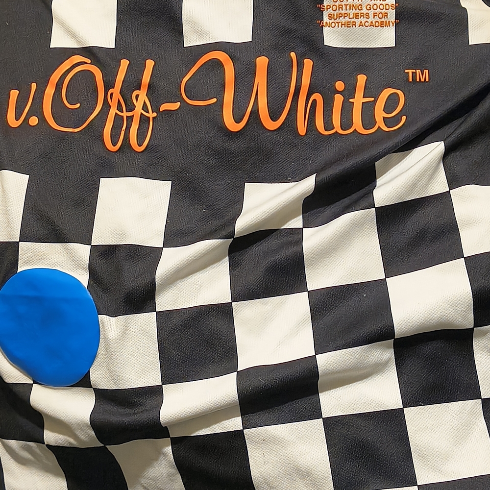 Off-White Black and White Checkered Tote with Orange and Blue Accents